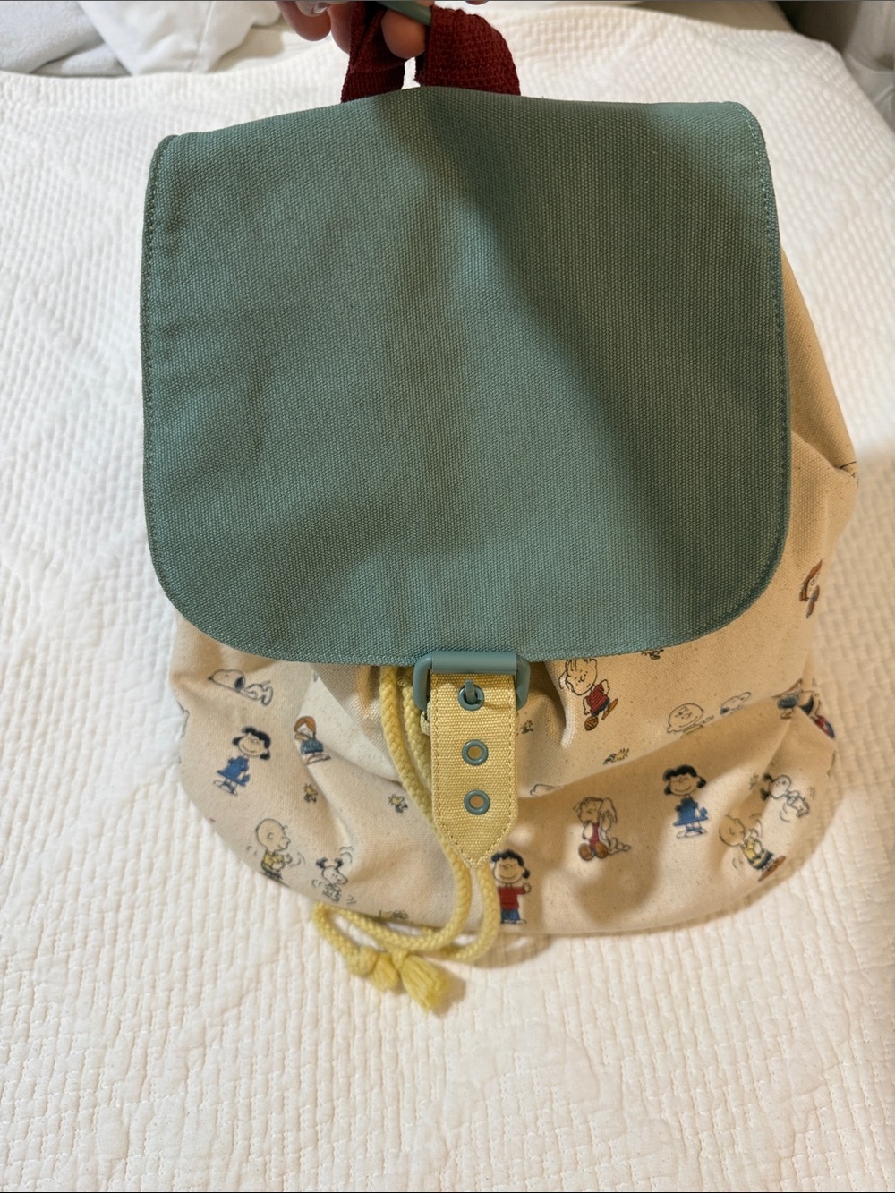 Girls Canvas Drawstring Backpack with Green Flap